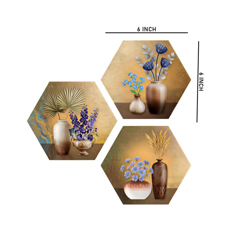 3 Piece Hexagon Shape Floral Theme Wall Art Decor for Living Room and Bedroom UV Textured MDF Home & Office Wall Decoration